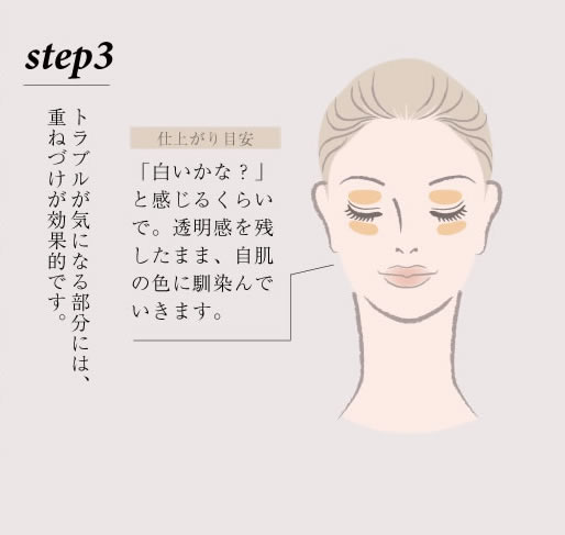 step3：トラブルが気になる部分には、重ねづけが効果的です。仕上がり目安「白いかな？」と感じるくらいで。透明感を残したまま自肌の色に馴染んでいきます。