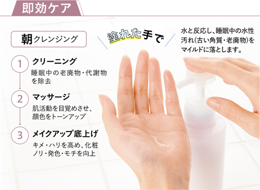 「即効ケア」朝クレンジング　濡れた手で。水と反応し、睡眠中の水性汚れ（古い角質・老廃物）をマイルドに落とします。