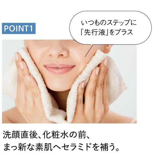 POINT1 いつものステップに「先行液」をプラス 洗顔直後、化粧水の前、まっ新な素肌へセラミドを補う。